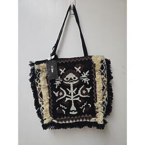 ibBan TOCO CABAS Beaded Tote Bag NWT Black Cotton Tribal Boho Fringe Shopper Ind